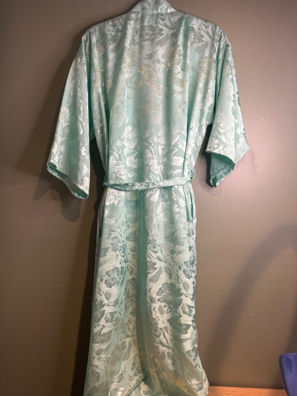 Apostrophe Womens M Mint Green Floral Jacquard Robe Long Belted Pockets Cottage - Picture 6 of 6